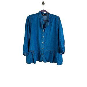 Fenni Chambray Denim Jean Ruffled Button Front Shirt USA Lagenlook